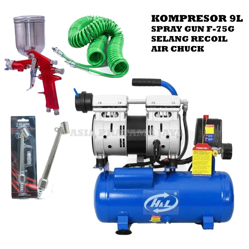 PAKET CAT LENGKAP / KOMPRESOR H&L 9 LITER Mesin Kompresor Listrik Dengan selang recoil 6meter air ch