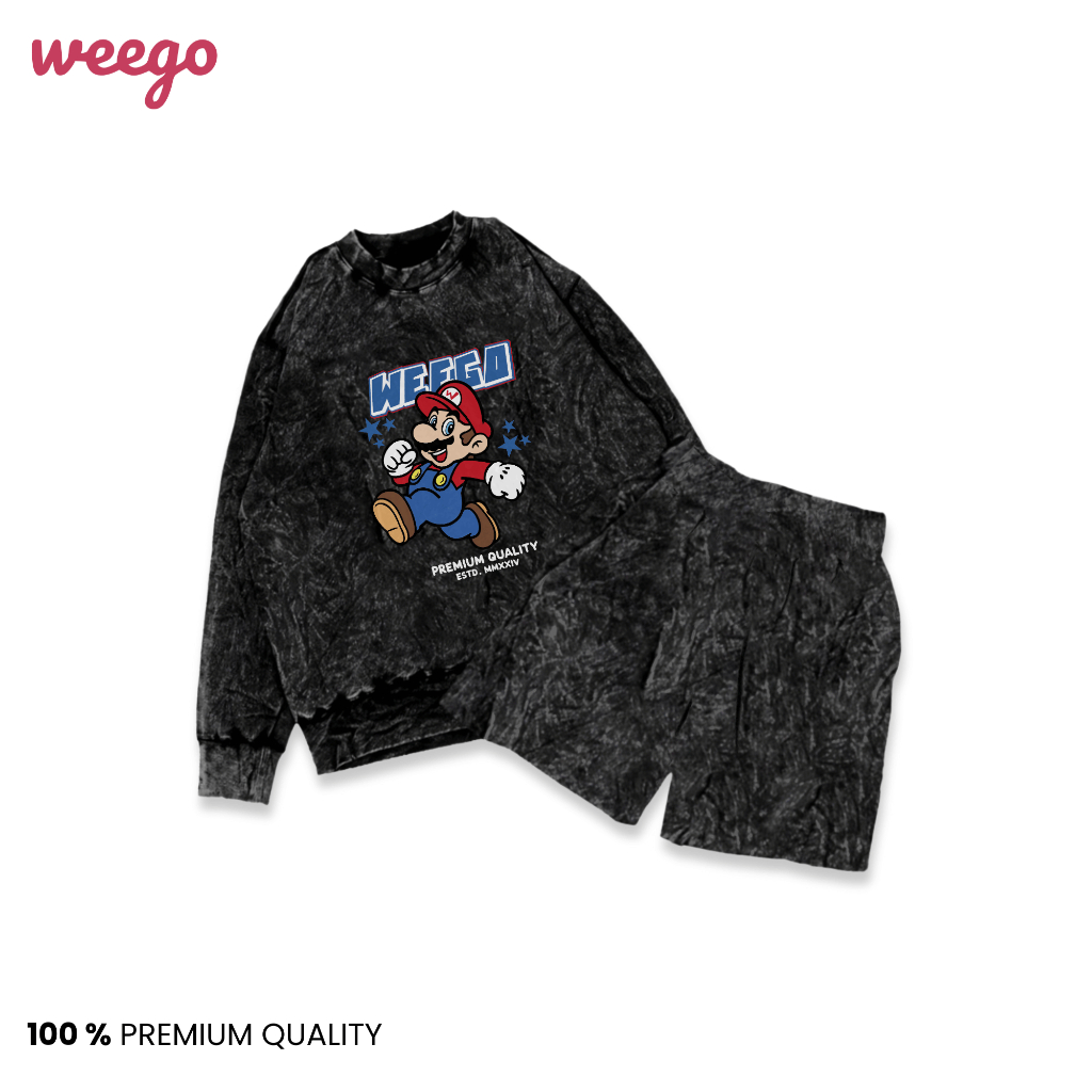 WEEGO - Setelan Kaos Anak Washing Lengan Panjang - Setelan Kaos Lengan Panjang Celana Pendek Motif M