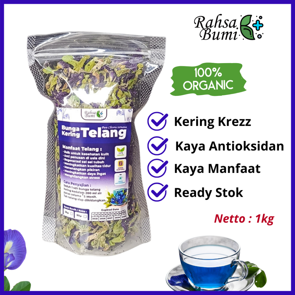 

Bunga TELANG Kering Biru Asli 1kg - Teh Herbal Bunga Talang Butterfly Pea Organik Premium Rahsa Bumi