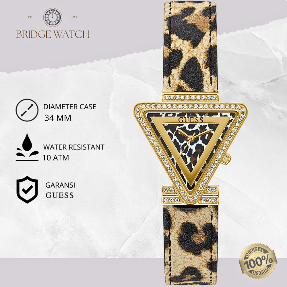 Jam Tangan Wanita Guess GW0504L3 Fame Triangle Leopard Anima Print Original Gold Dial Leather Strap 