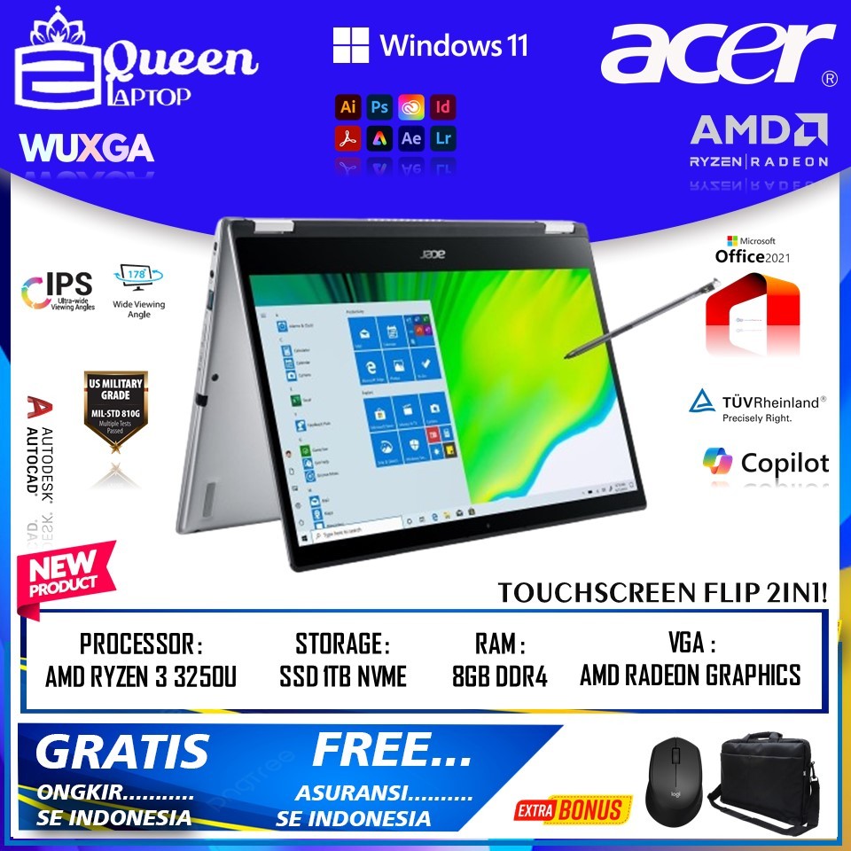 LAPTOP BARU Acer Aspire Spin 3 SP314 Amd Ryzen 3 3250U Ram 8GB SSD 1TB 14 Touchscreen Win11home