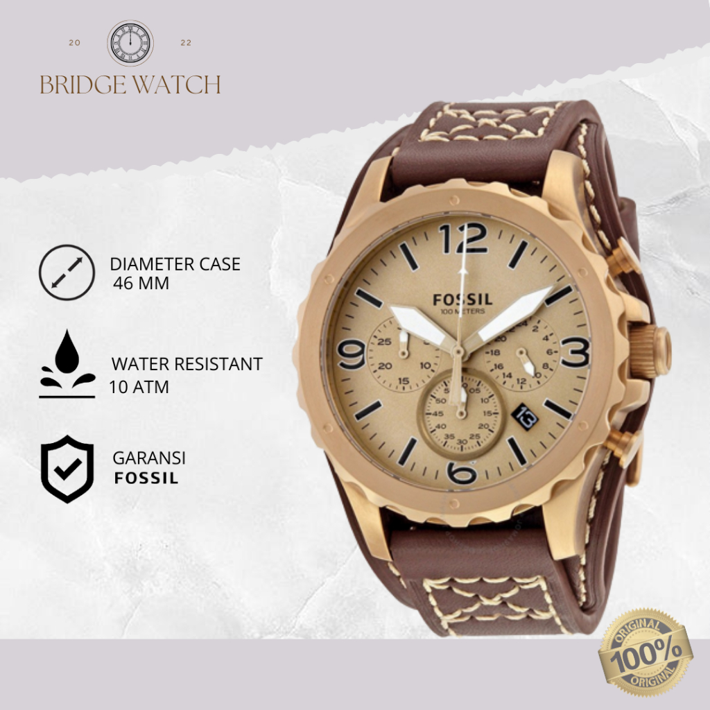 Jam Tangan Pria Fossil JR1495 Nate Chronograph Kulit Brown Sporty Casual Original