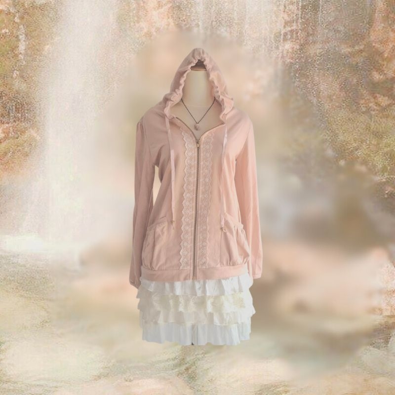 [AXES FEMME] Peach lace hoodie zip jacket | kindly read desc box 