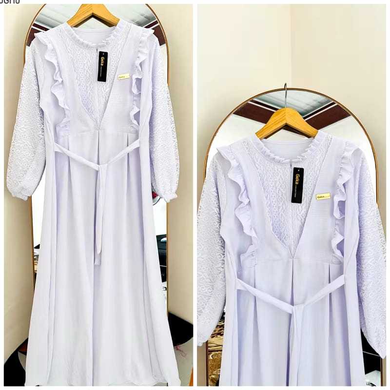 Gamis Anak Remaja Dress Cringkel Airflow Mix Brokat / Gamis Manasik Putih / Dress Warna Putih