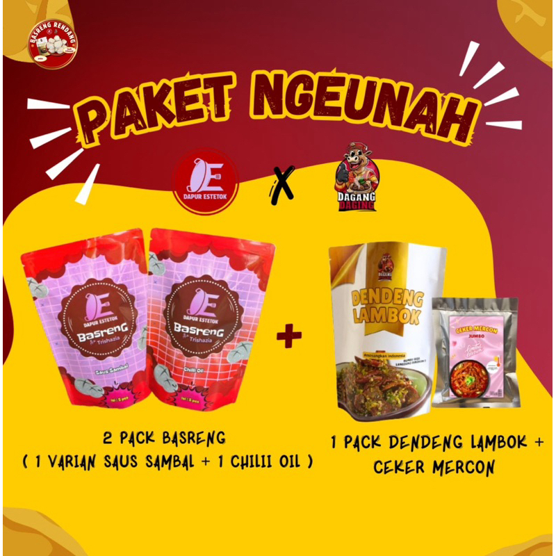 

PAKET NGEUNAH || [DAPAT 4 PACK] 1 Basreng saus sambal + 1 Basreng Chilli Oil + 1 Dendeng Lambok + 1 Ceker Mercon