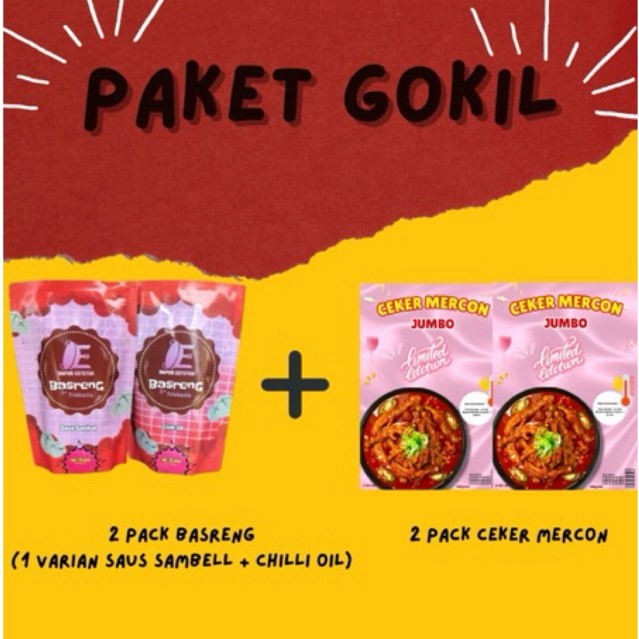 

PAKET GOKIL || [DAPAT 4 PACK] 1 Basreng saus sambal + 1 Basreng Chilli Oil + 2 Ceker Mercon