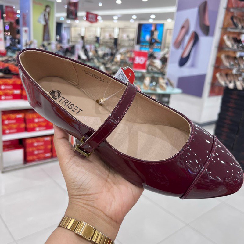 Sepatu Flatshoes Ballerina Wanita by Triset | Flatshoes Maroon glossy Triset | Flatshoes 2 strap Tri