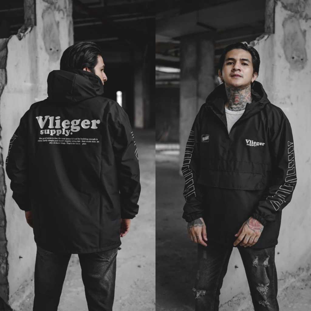 Jaket Parasut Pria Anti Air Jaket Cagoule Vlieger Waterproof Hitam Jaket Kantong Doraemon