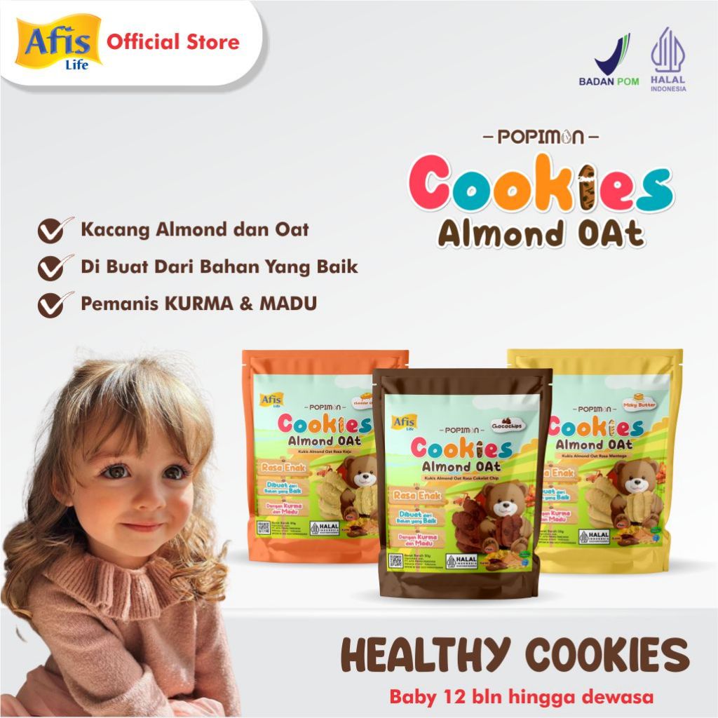 

Afis Popimon Cookies Almond Oat Pouch 50g - Kukis Anak cemilan sehat