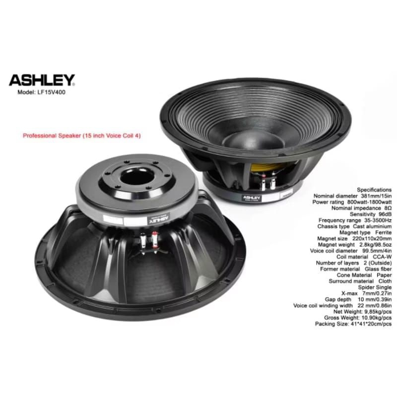 Speaker Komponen ASHLEY 15 inch LF15V400 Voice Coil 4 inch Maximal Power 1800 Watt