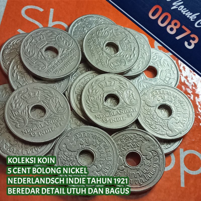 UKI021Coin 5 Cent Nickel/Bolong (Nederlandsch Indie) Thn 1921 Detail Bagus Dibersihkan