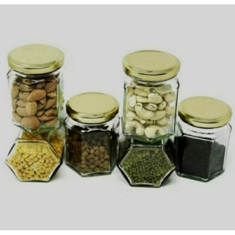Toples Hexagonal Segi Enam 280ML Tutup Putar Kedap Kuning Emas Toples Beling Kaca Kecil Mini Bumbu D