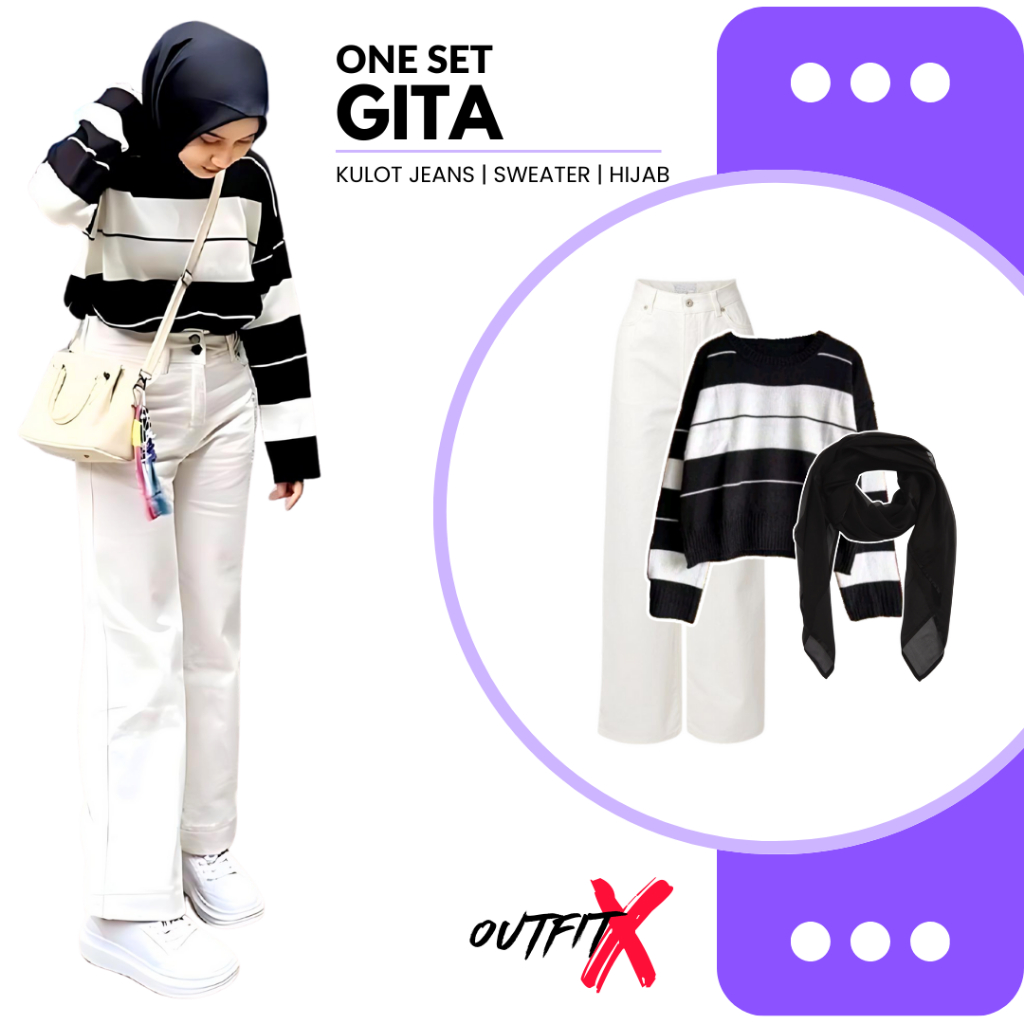 One Set Gita Kulot Jeans Sweater Hijab Setelan Outfit 3in1 OOTD Wanita Kekinian Korea Style
