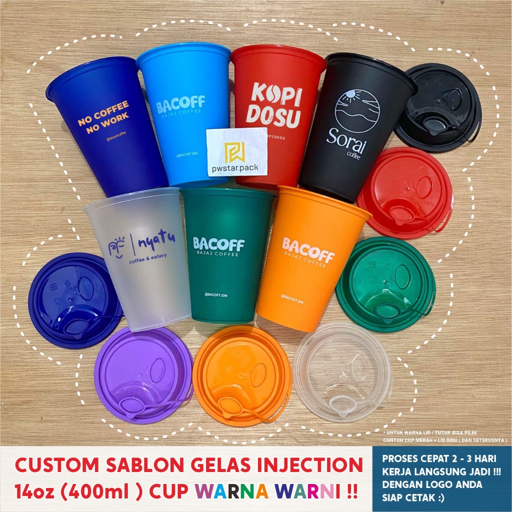 SABLON CUP INJECTION 14oz WARNA WARNI  Harga Sudah Termasuk LID / Tutup & Cetak Satu Warna