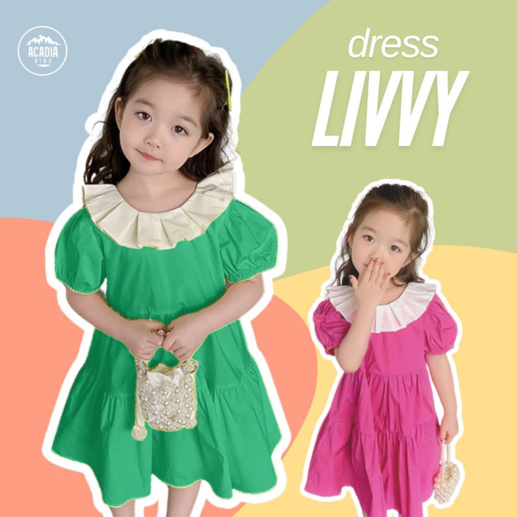 Acadiakids - Dress Anak Perempuan Gaun Lengan Pendek Balon Model Korean Style Polos LIVVY Pendek Pre
