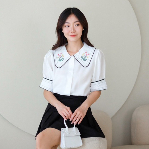 [COTTONBELLS] BAJU PREMIUM MEYTHA BUTTON COLLAR BORDIR LIST PLAID TOP (SP - B 13584)