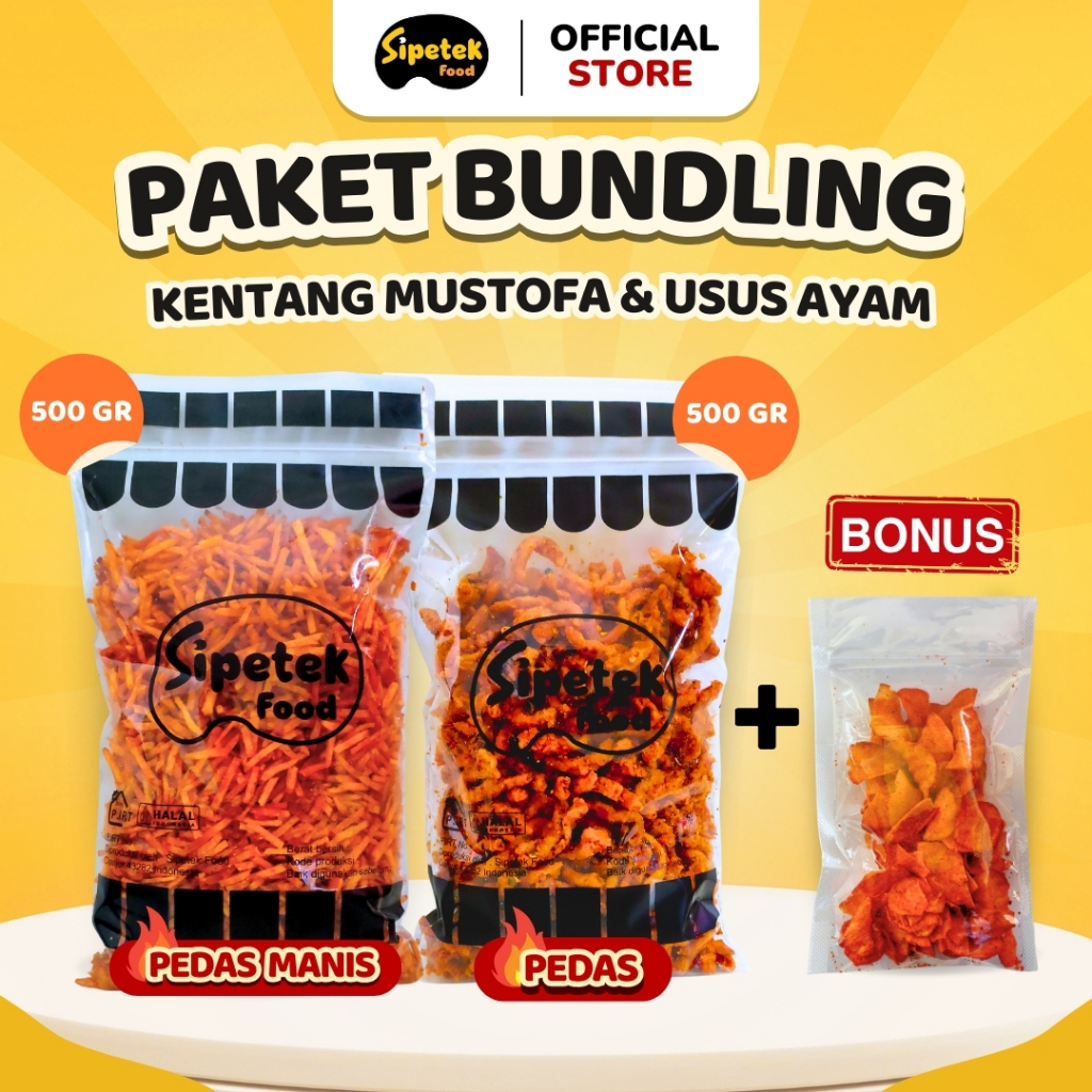 

[Spesial] Paket Bundling Kentang Mustofa 500gr dan Usus Ayam Crispy 500gr Pouch Sipetek