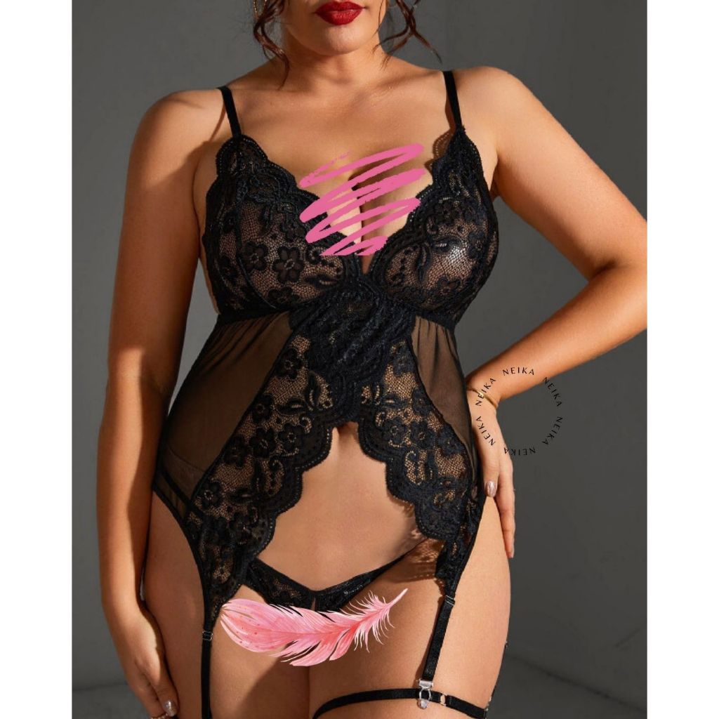 JENA Bodysuit Bigsize Set Bustier Baju Tidur Sexy / Bustier Set Jumbo / Lingerie Transparan Bigsize 