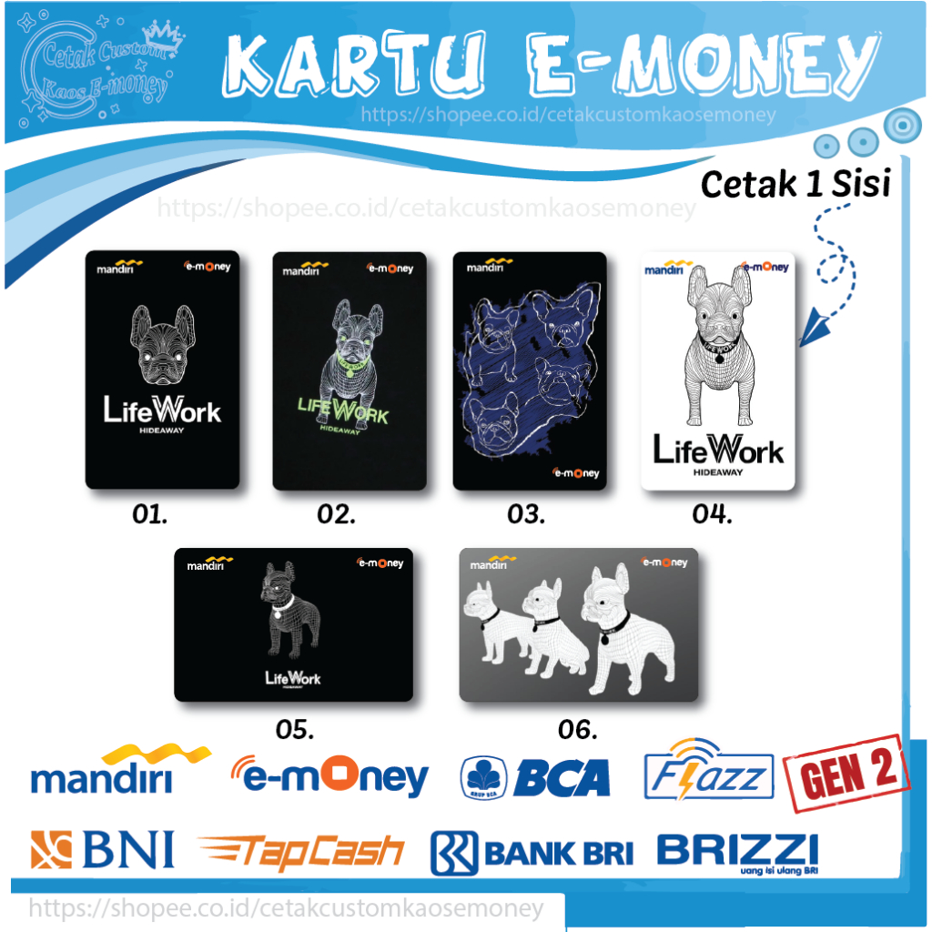 KARTU E MONEY E TOLL KUMPULAN BRAND LIFE WORK EMONEY MANDIRI BCA BNI BRI - 1 SISI