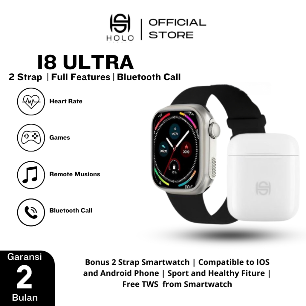 new holo smartwatch t55 / t500 / i8 ultra big 2.0 free tws + 2 tali single strap / double strap