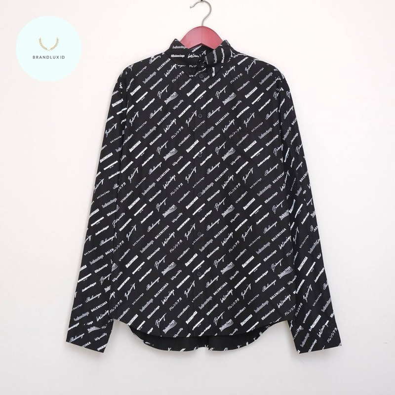 Balenciaga Mens Shirt Poplin Oversized All Over Logomania in Black / White Color Long Sleeve