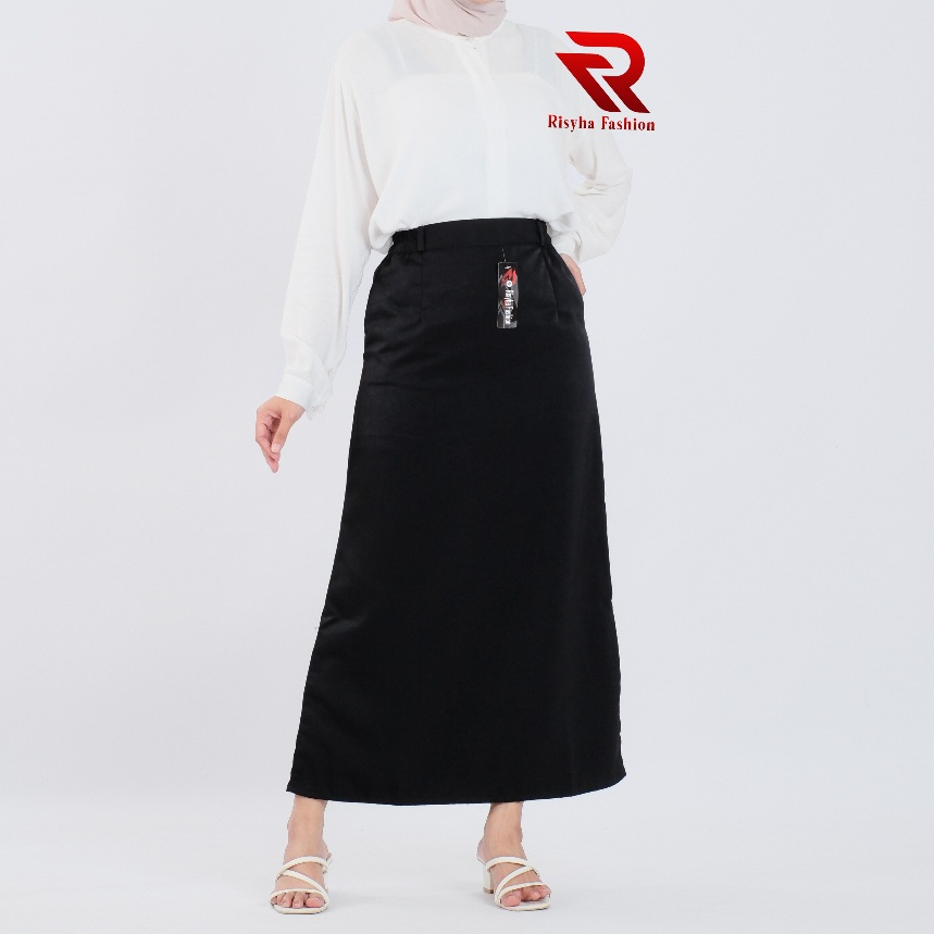 HOT SALE Risyha Skirt - Rok Span Kerja Wanita Panjang Hitam Bahan Twiss Model Line A Karet Pinggang