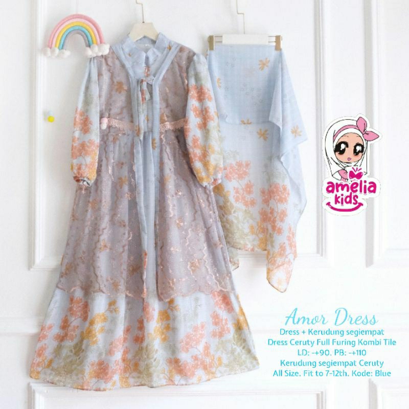 AMOR DRESS KIDS - SETELAN DRESS ANAK TERBARU BAHAN CERUTY FULL FURING KOMBI TILE KERUDUNG SEGIEMPAT 