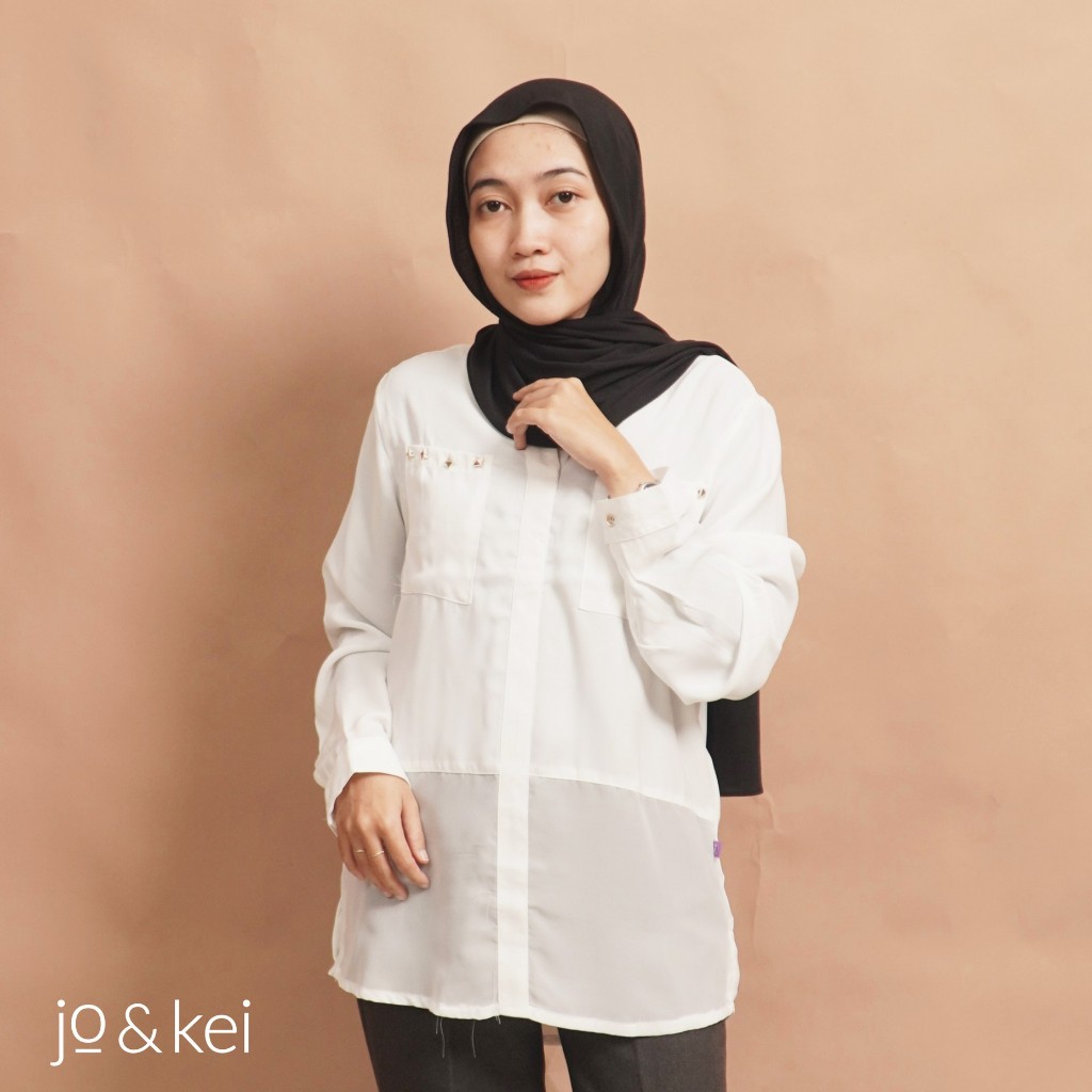 JO&KEI BLOUSE NANIDA7/ATASAN WANITA REMAJA-DEWASA PUTIH POLOS/BLUS VARIASI DUA SAKU/KEMEJA POLYESTER