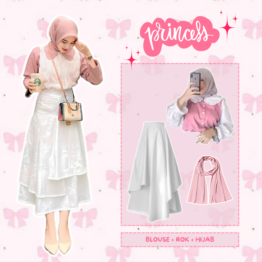 OOTD KOREAN PRINCESS ONE SET HIJAB MUSLIM ( BLOUSE + HIJAB + ROK ) STYLE KULIAH NONGKRONG LEBARAN SE