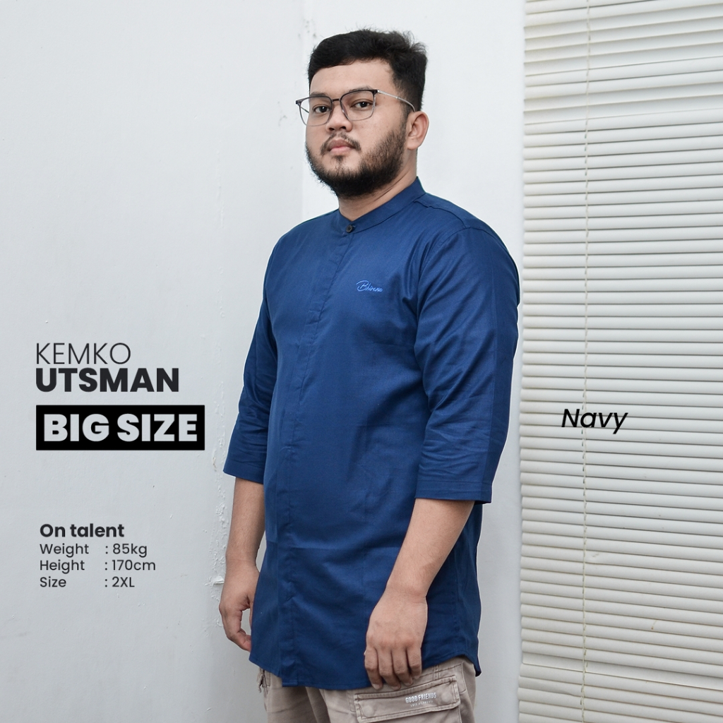 Baju Koko Jumbo Big Size XXL 3XL 4XL 5XL Katun Linen Lengan 3/4 Utsman Biru Dongker Navy Bhirama