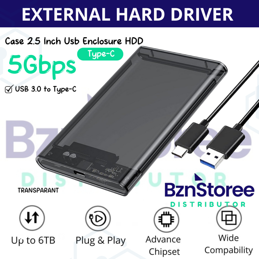 Casing Case Enclosure HDD 2.5 Inch Type-C Transparent / 2.5" Type-C HDD/SSD SATA Enclosure External 