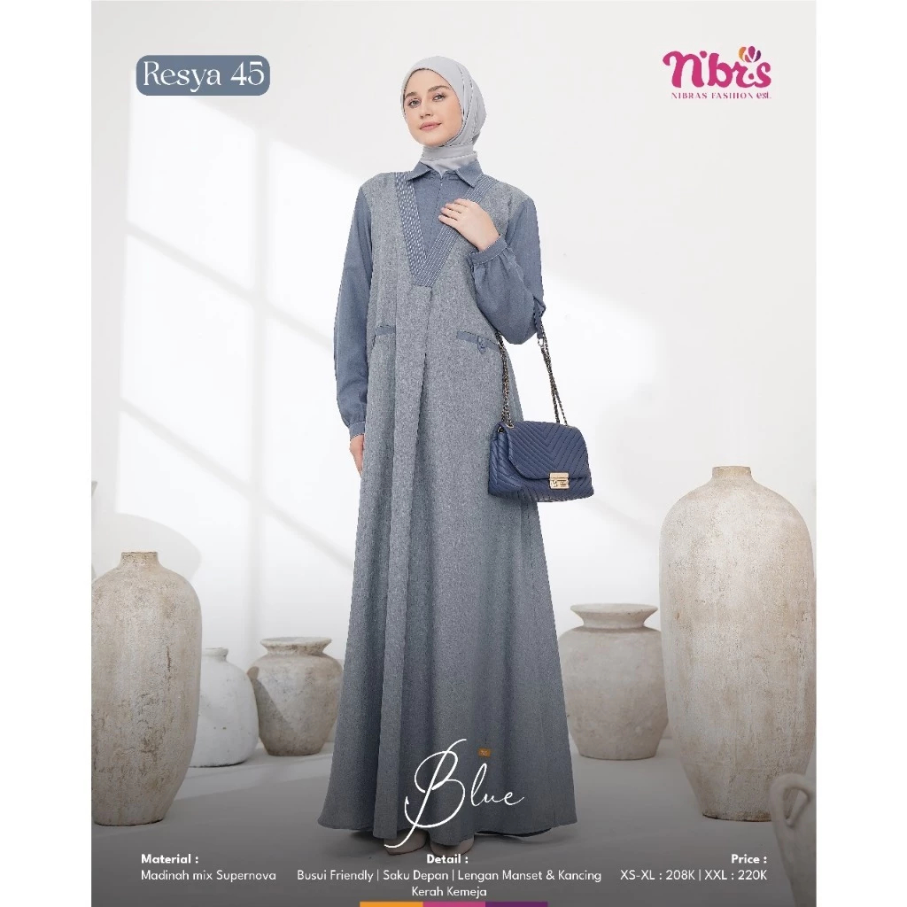 Nibras - Resya 45 Blue | Gamis Biru | Gamis Remaja | Gamis Simpel | Gamis Polos Model | Gamis Nibras