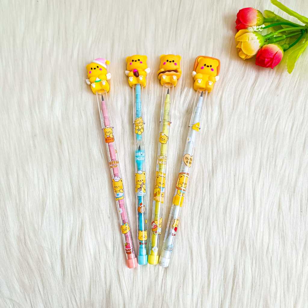 

qwe (12 Pcs) Pensil Butter Bear Susun Bensia Lantu Beruang Pencil Bisa Diisi Ulang Pop Mart Teddy
