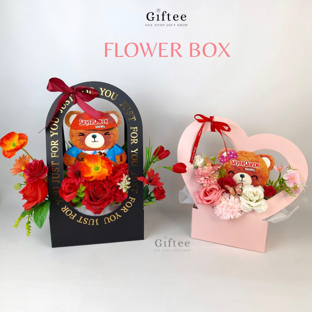 FLOWER BOX KADO VALENTINE | BUKET BUNGA BLOOM BOX | BUNGA DALAM KOTAK COKELAT BERUANG