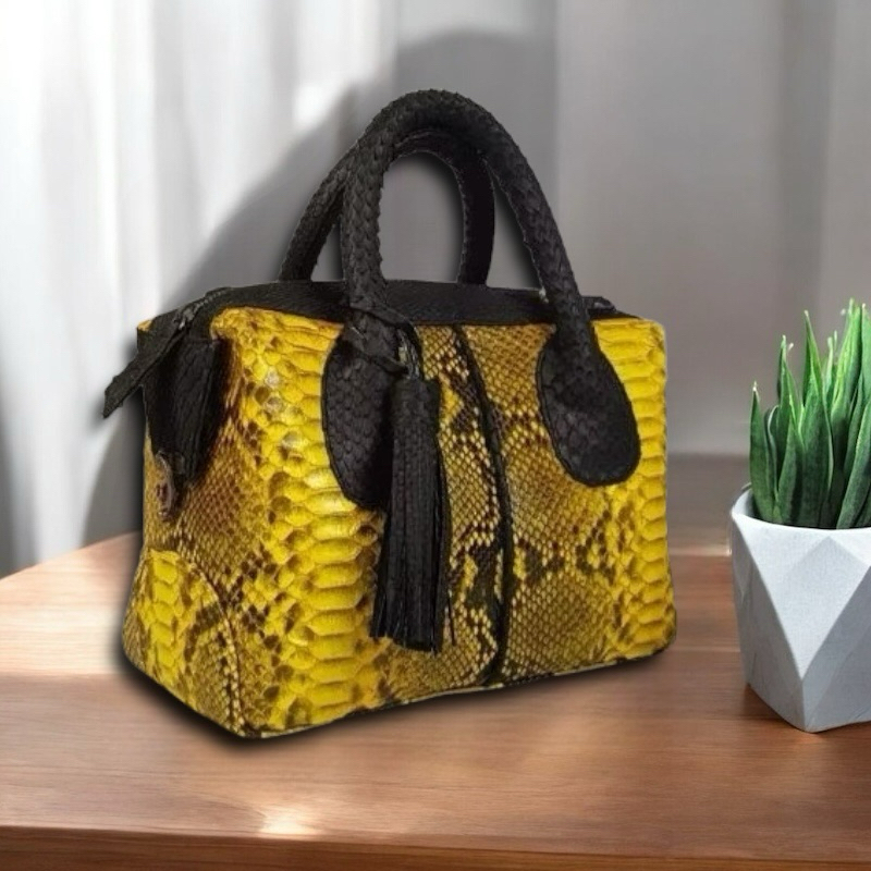 Tas Kulit Ular Piton Asli Wanita Tas Natalie Kulit Asli Original Motif Kuning Kombinasi Hitam