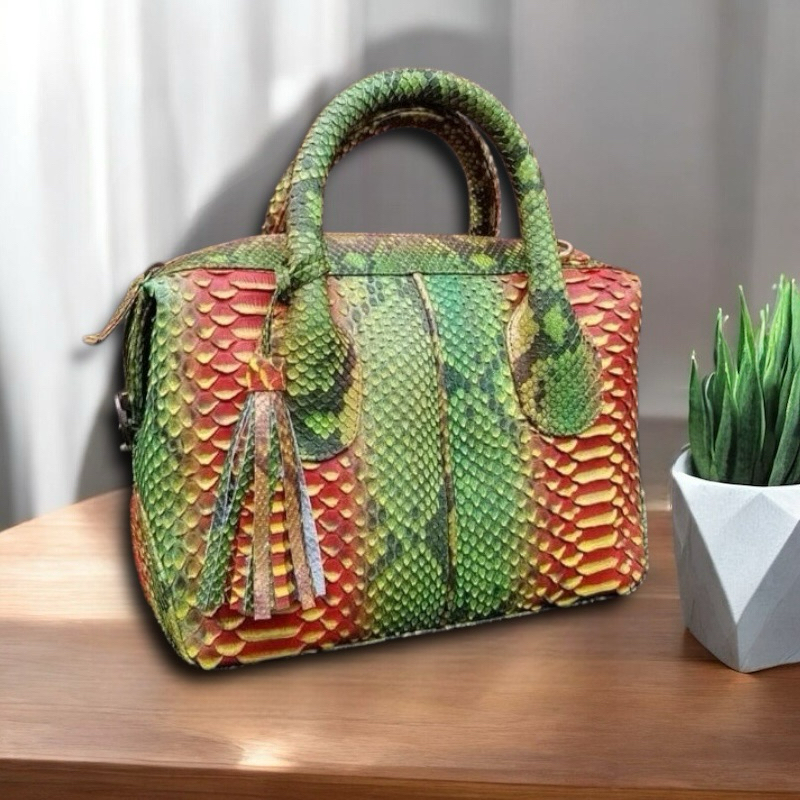 Tas Kulit Ular Piton Asli Wanita Tas Natalie Kulit Asli Original Motif Gradasi Orange Hijau