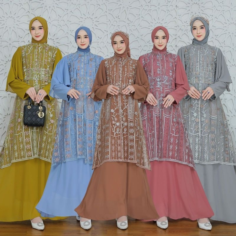 Baju Muslim Wanita Motif Bunga Rania dress + outer bahan ceruty mix tile gamis lebaran