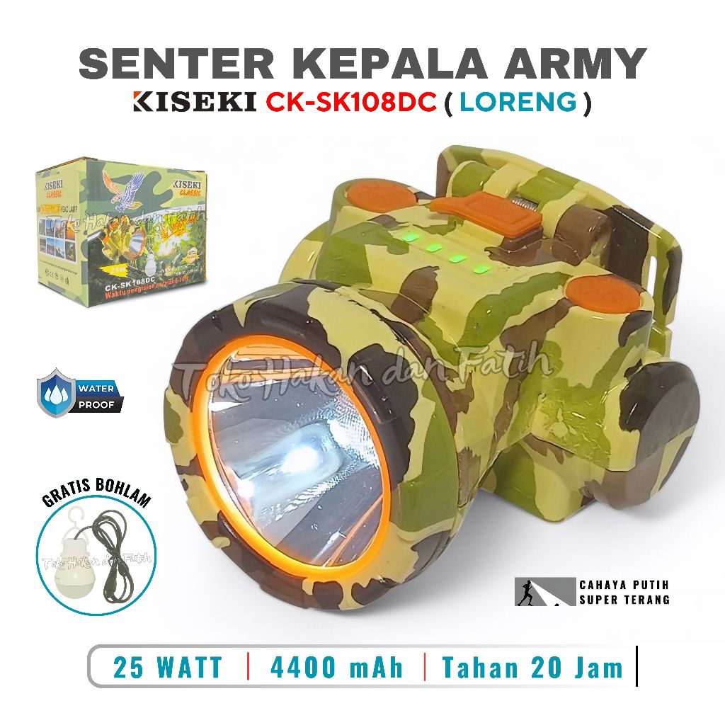 Senter Kepala LED Army Rechargeable 25W + Bohlam LED Kiseki CK-SK108DC Senter Kepala Hiking super te