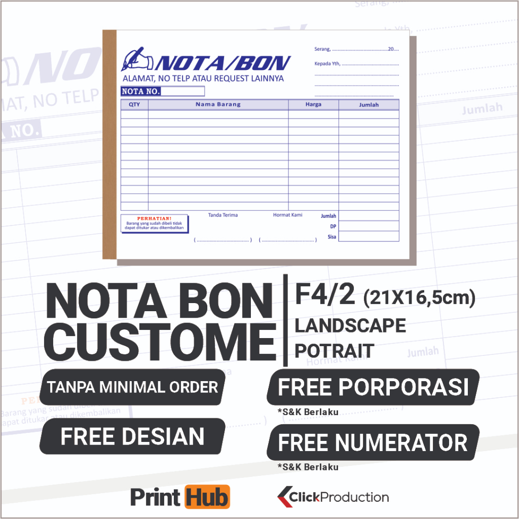 

NOTA BON CUSTOME TANPA MINIMAL ORDER F4/2 (21X16,5cm)