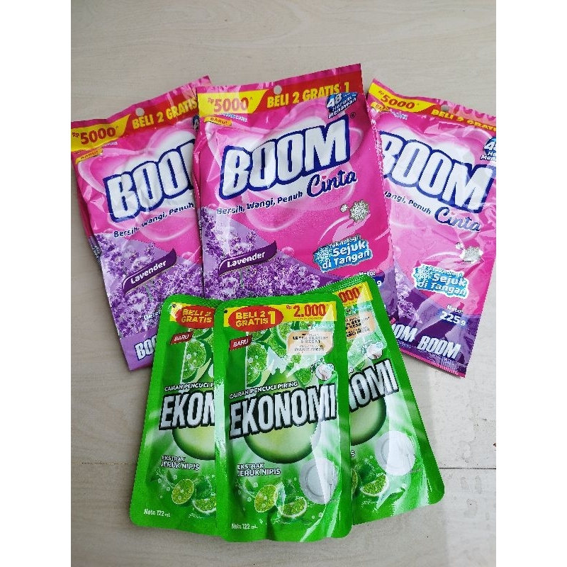 3pack deterjen boom 5000 an + 3 pack sabun cuci piring ekonomi 2000
