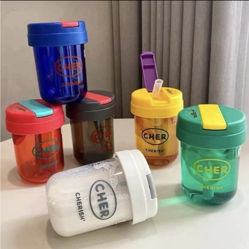Cher Botol Minum Cherish Anak Portable Warna Warni Lucu Plastik Dengan Sedotan Tempat Minum susu ser