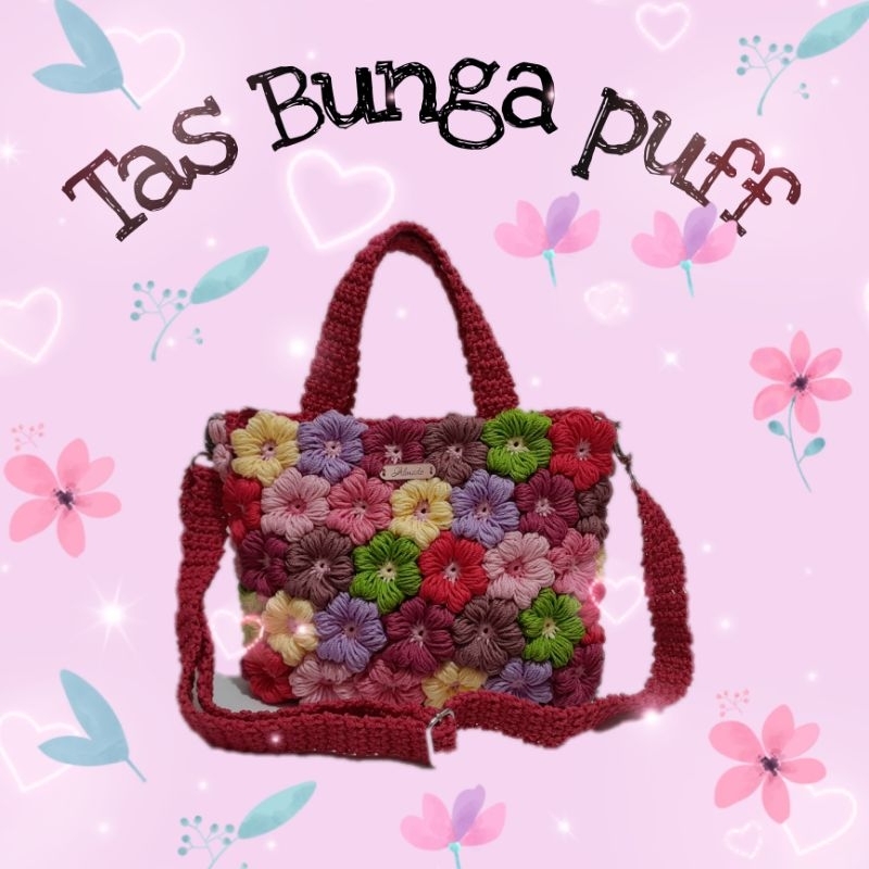 Tas rajut motif bunga puff/ crochet bag free packing dus