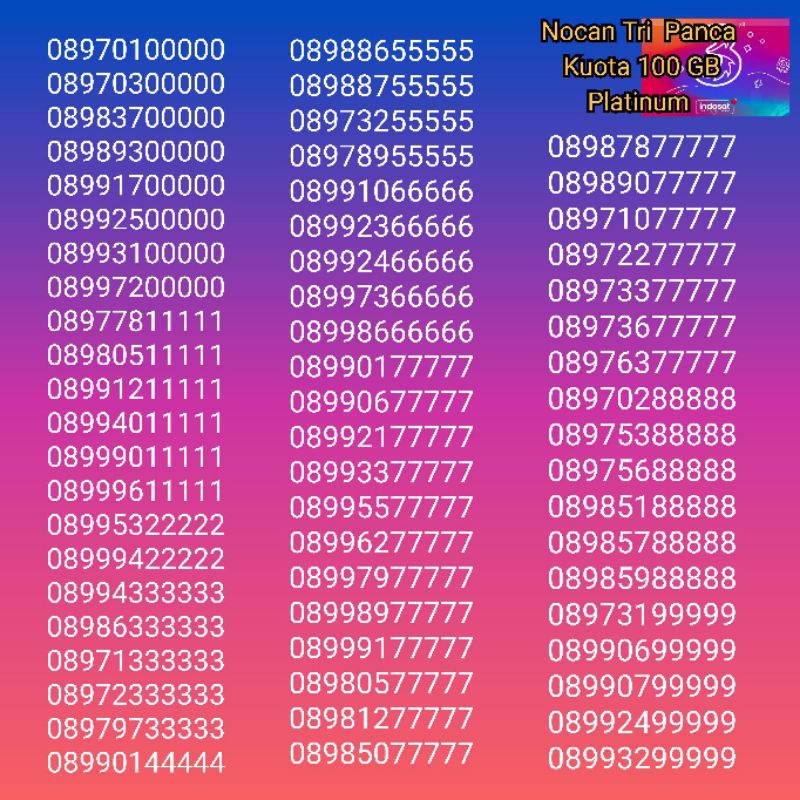 Nomor Cantik Nocan 11 Digit Panca Kartu Perdana Tri Three 4G LTE Kuota 100GB Prabayar Platinum