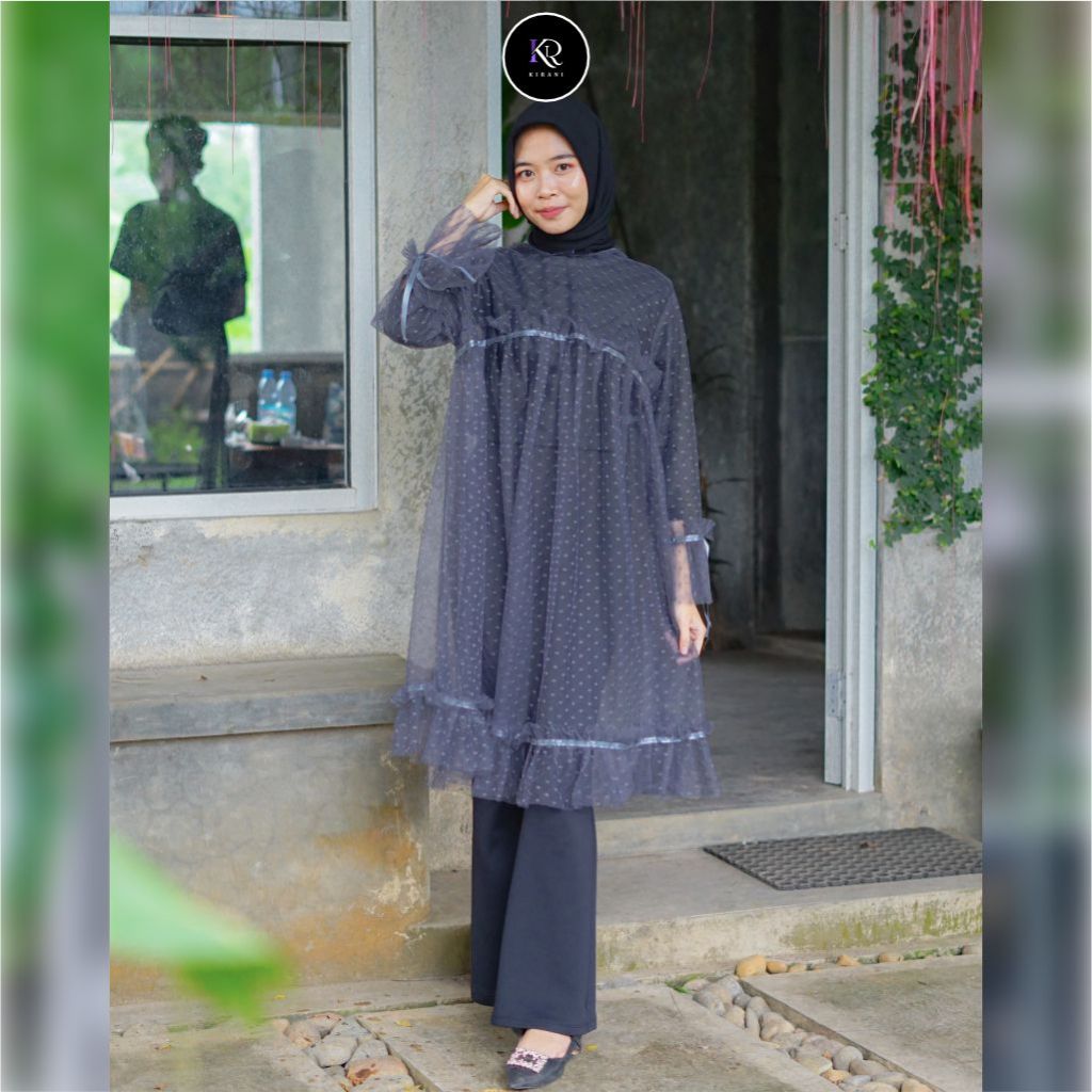 𝐊𝐈𝐑𝐀𝐍𝐈 Balerina Elmira Outer Tile Import Tunik Brukat Polkadot Atasan Wanita   All Size