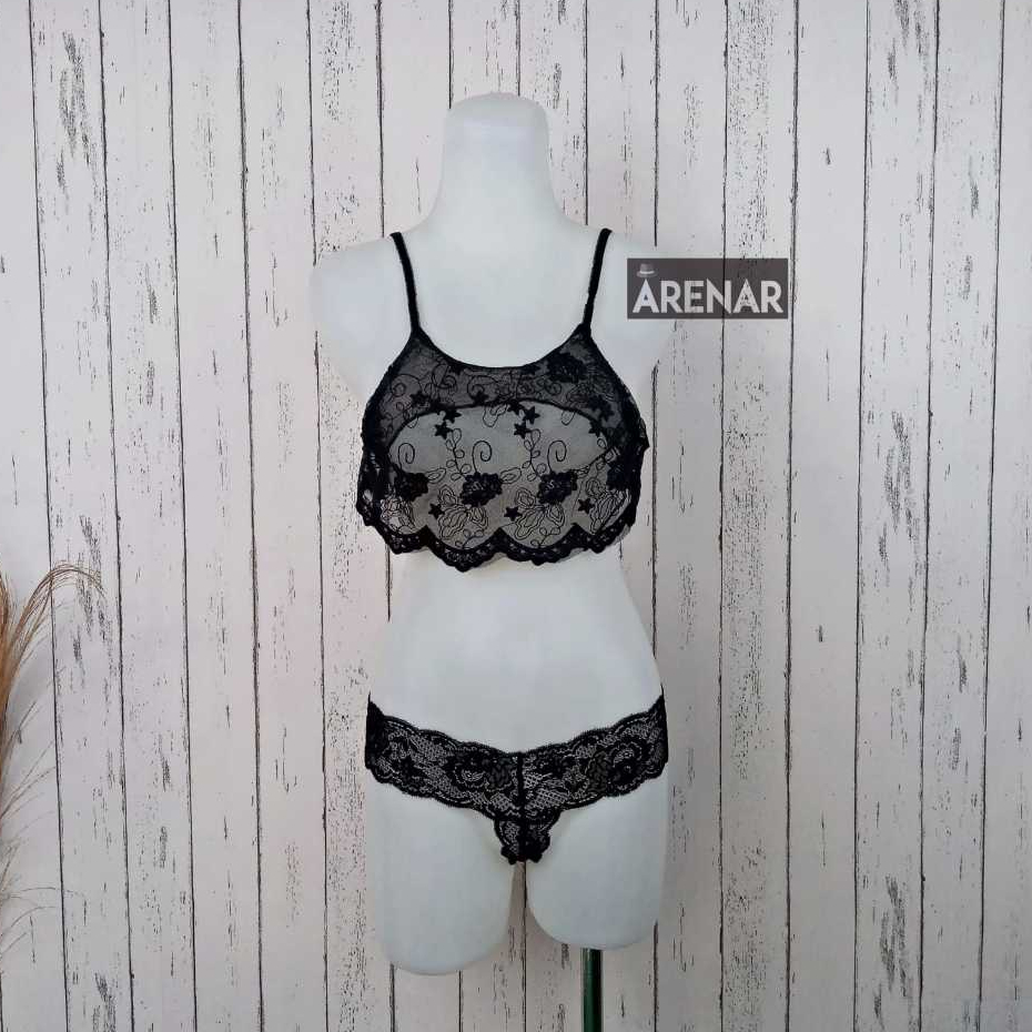 K21797 Sexy Bralette Hitam Set - Bra Gstring Set Sexy - Lingerie Bikini Tipis Transparan