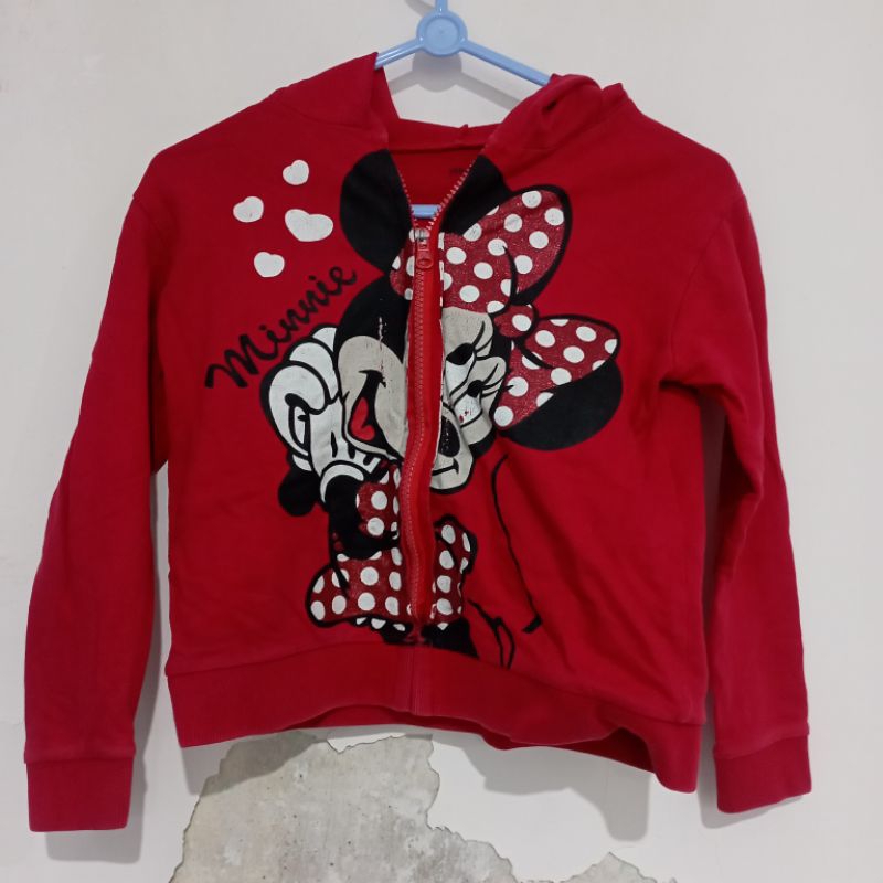 preloved PL hodie hoodie minnie merah jaket motor ada topi lengan panjang zipper telinga size 140 mi