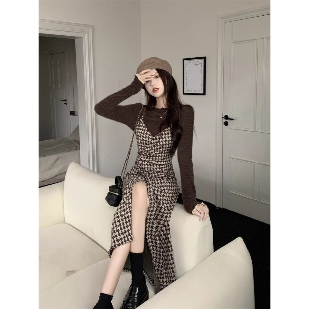 Gaun Suspender Kotak-kotak Retro Prancis Baru, Kemeja Bawahan Temperamen Pinggang, Setelan Rok Panja