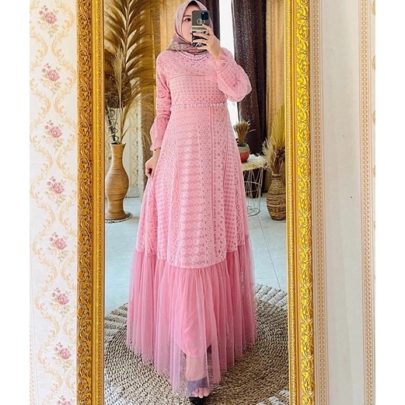 Gamis Ozias Alexa Brukat import tutu aksen mutiara kondangan Dress Bridesmaid Dress Lebaran