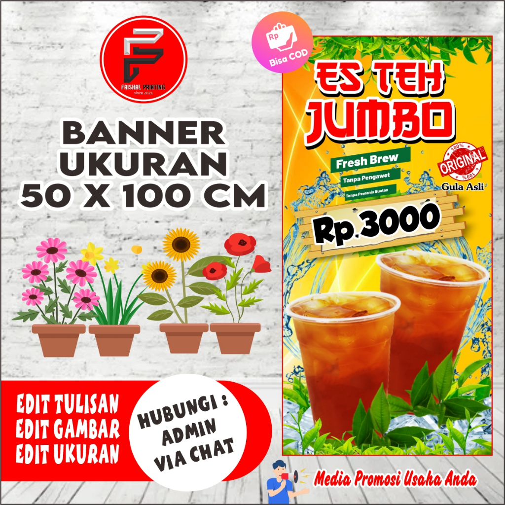 Banner Es Teh Jumbo / Spanduk Es Teh / Banner Es Teh / Banner Ukuran 50 x 100 cm, Bisa COD