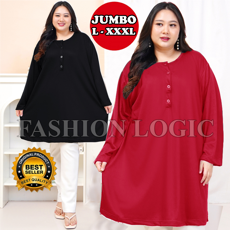 Tunik Atasan Wanita Kaos Jumbo Baju Busui lengan panjang kancing buka LD 120 - LD 130 - LD 140